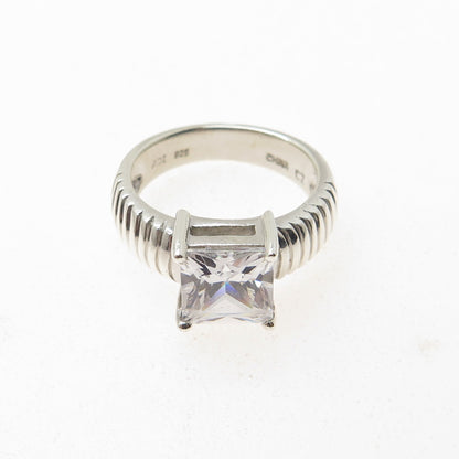 925 Sterling Silver Vintage Princess-Cut C Z Ribbed Ring Size 7.25