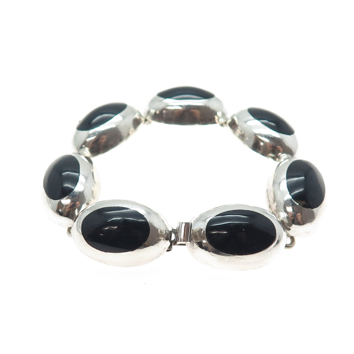 925 Sterling Silver Vintage Mexico Real Black Onyx Modernist Link Bracelet 6.5"