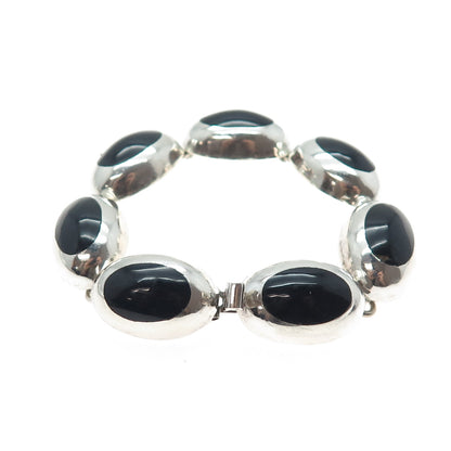 925 Sterling Silver Vintage Mexico Real Black Onyx Modernist Link Bracelet 6.5"