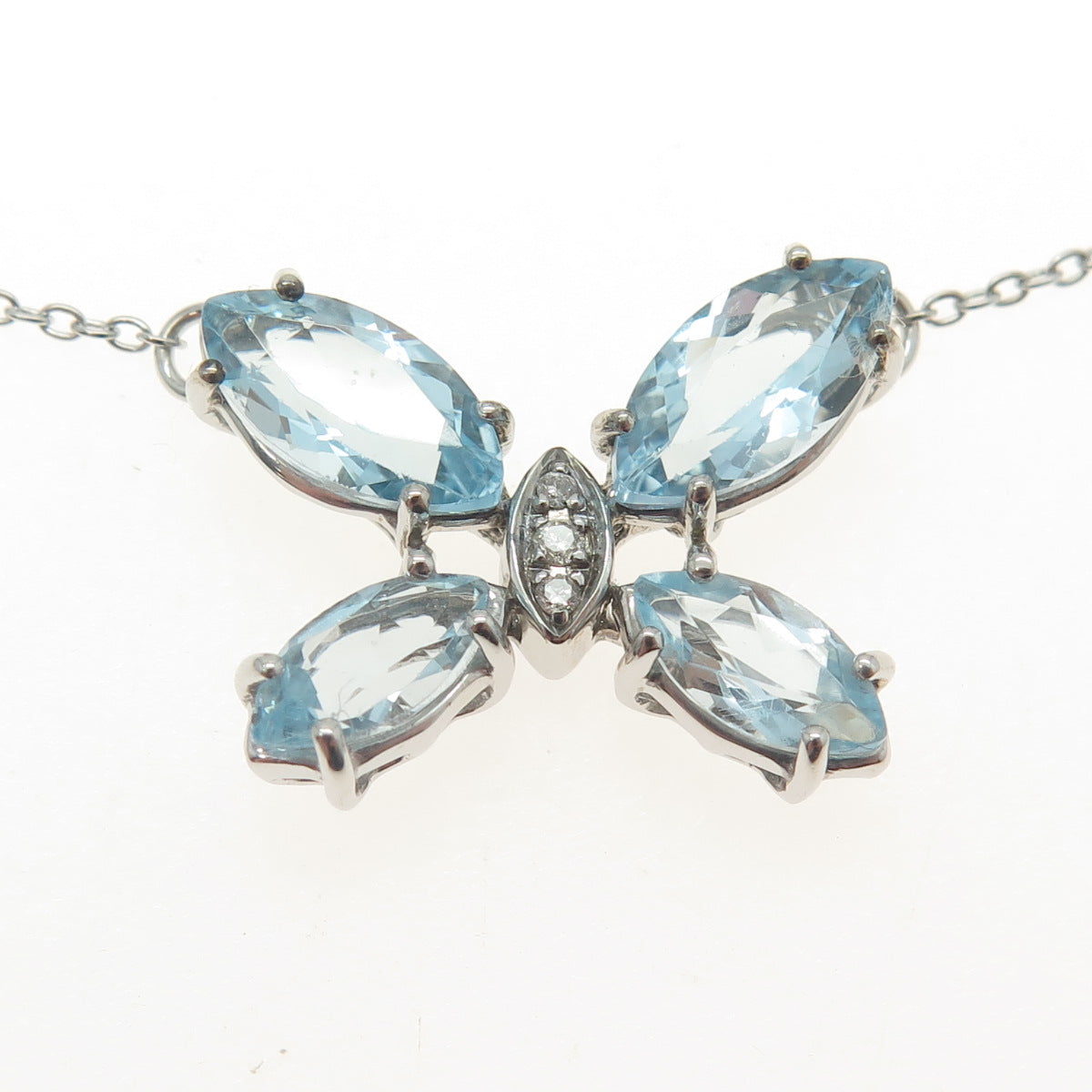 925 Sterling Silver Real White Diamond & Blue Topaz Gem Butterfly Necklace 18"