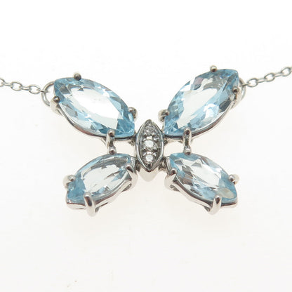 925 Sterling Silver Real White Diamond & Blue Topaz Gem Butterfly Necklace 18"