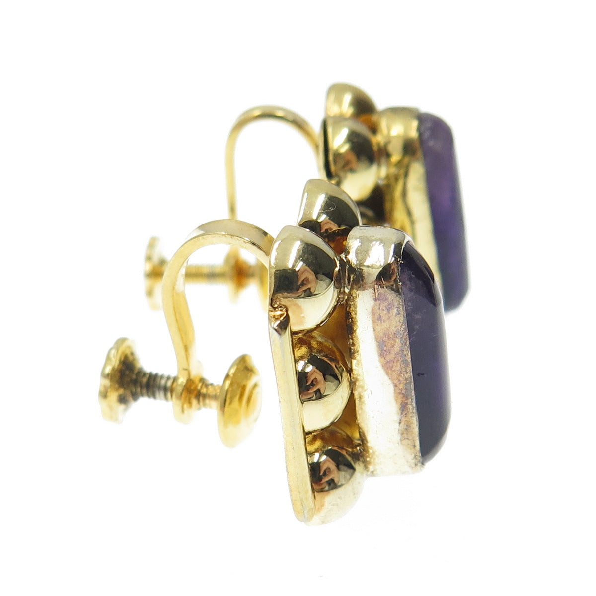 925 Sterling Silver Gold Plated Vintage Mexico Real Amethyst Screw Back Earrings