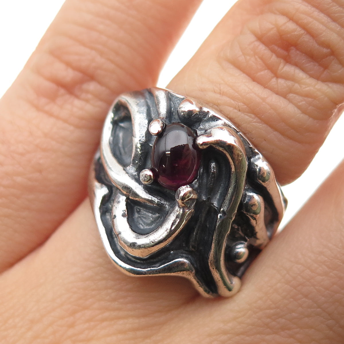 925 Sterling Silver Vintage Real Tourmaline Modernist Oxidized Ring Size 6.25