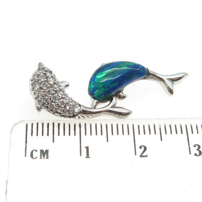 925 Sterling Silver Real Doublet Opal & Round-Cut C Z Dolphin Couple Pendant