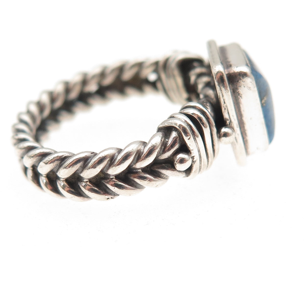 925 Sterling Silver Vintage Real Lapis Modernist Woven Oxidized Ring Size 5