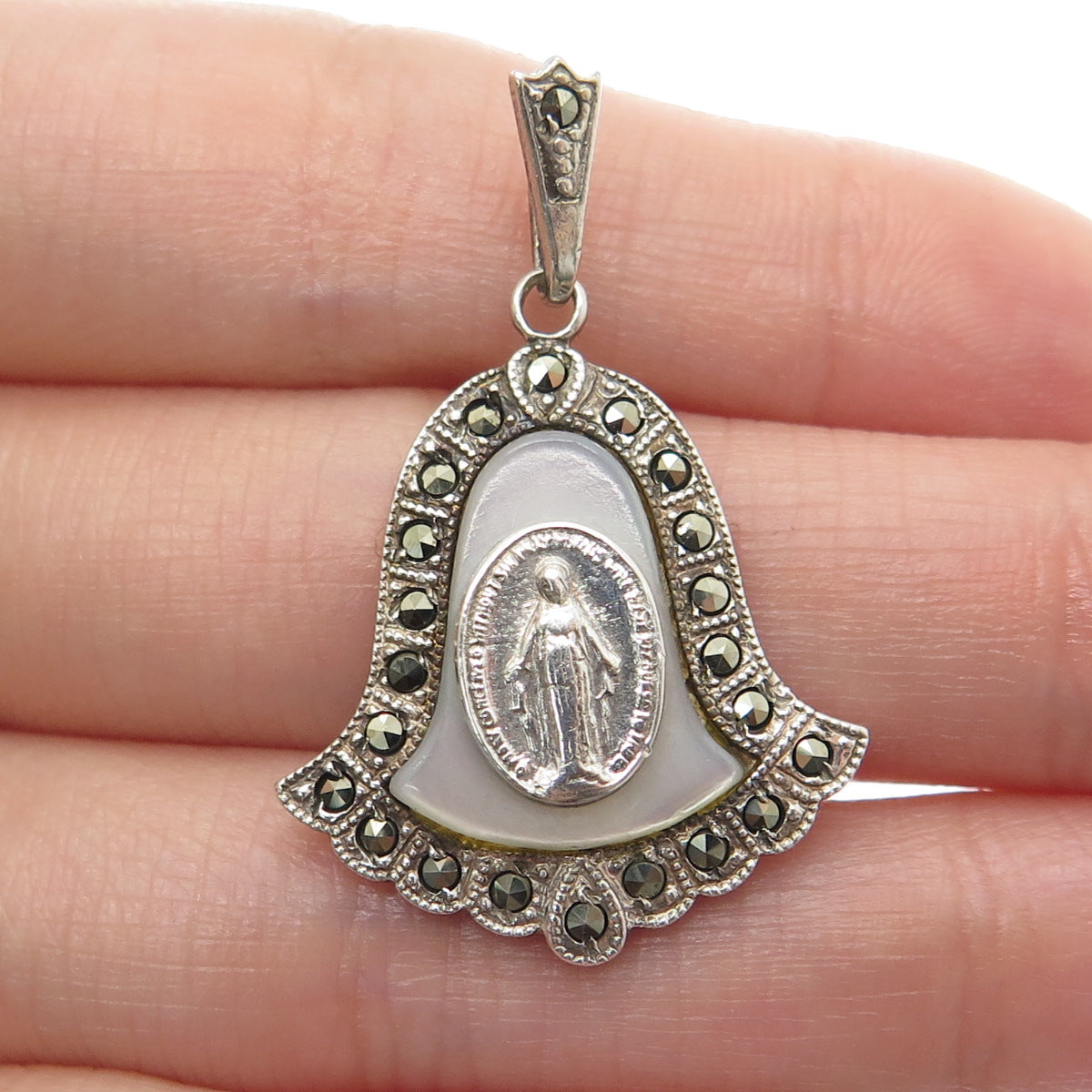 THEDA Sterling Silver Antique Art Deco Real MOP Marcasite St. Mary Bell Pendant