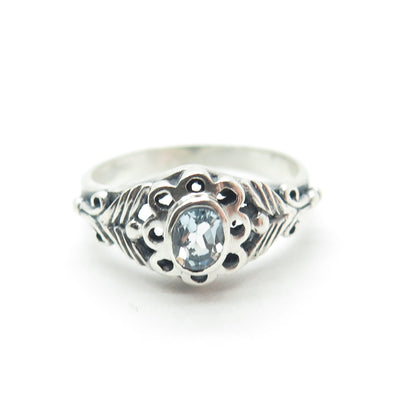 925 Sterling Silver Vintage Real Oval-Cut Blue Topaz Flower Ring Size 5.25