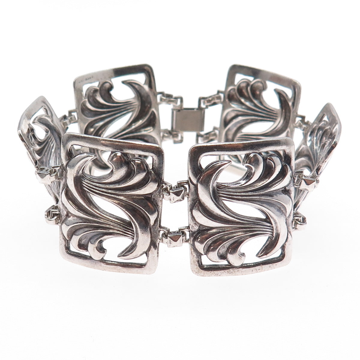 925 Sterling Silver Antique Art Deco Floral Panel Link Oxidized Bracelet 7"