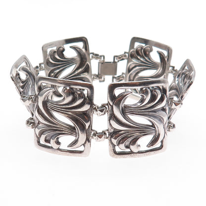 925 Sterling Silver Antique Art Deco Floral Panel Link Oxidized Bracelet 7"