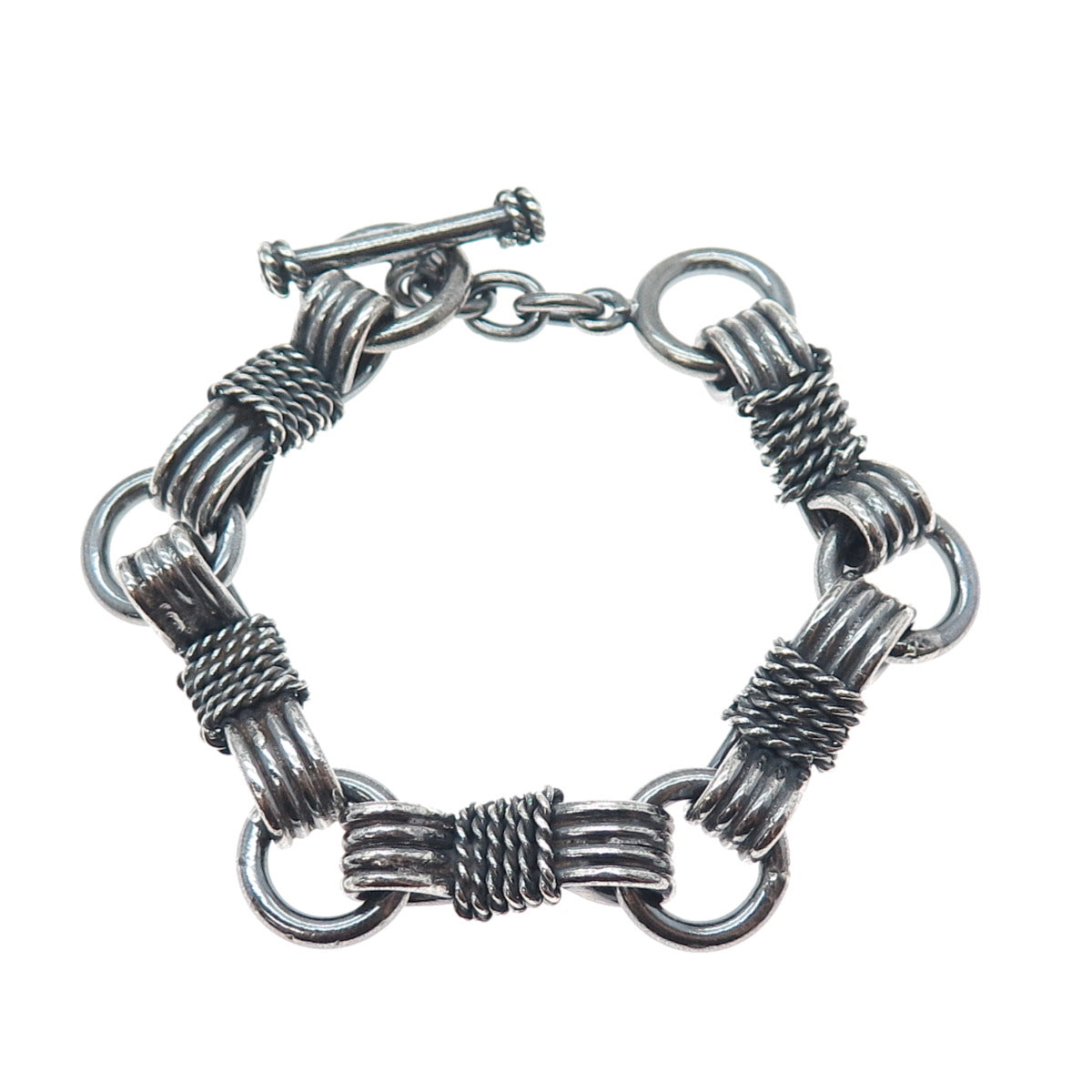 925 Sterling Silver Vintage Roped Bow Link Heavy 81.3g Oxidized Bracelet 7.75"