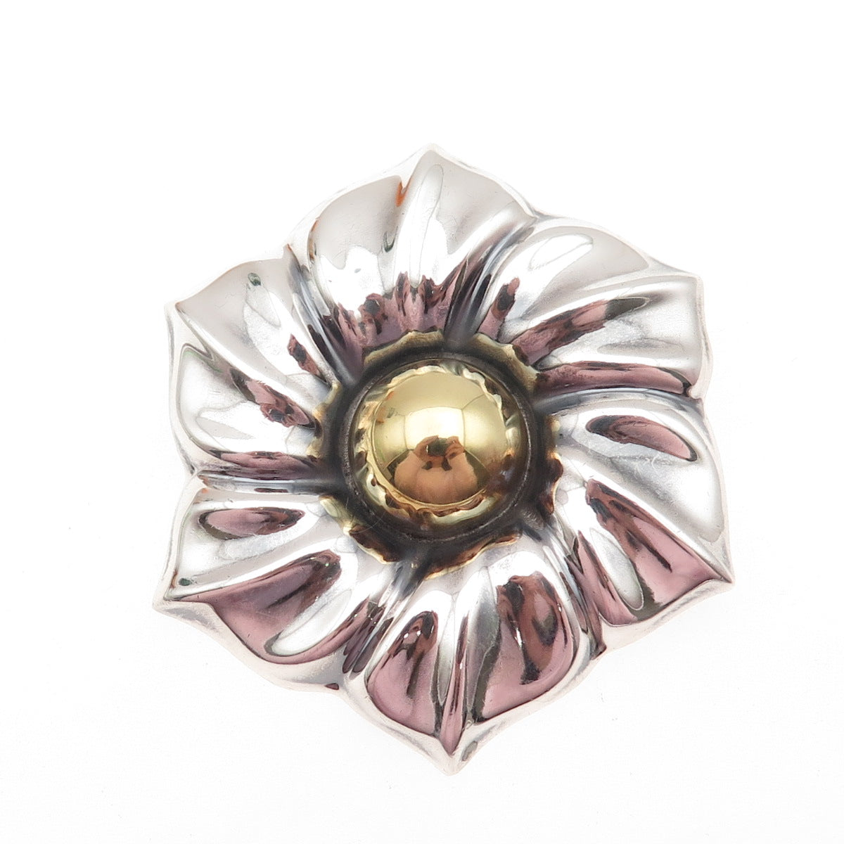 LATON 925 Sterling 2-Tone Vintage Mexico Modernist Flower Pin Brooch / Pendant