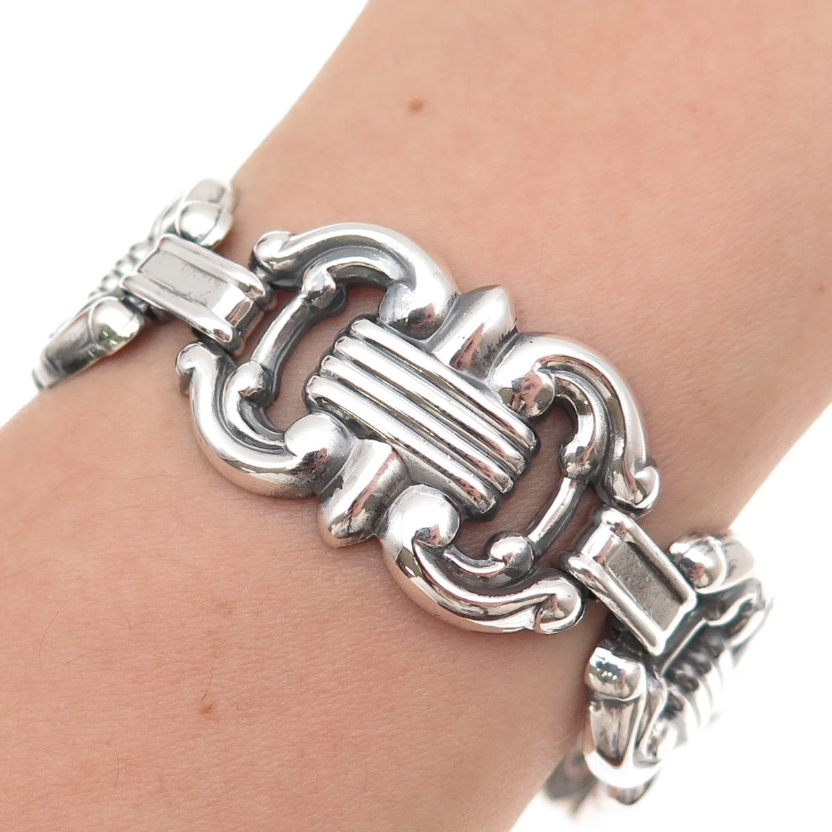925 Sterling Silver Antique Art Deco Fleur de Lis Oxidized Bracelet 7.25"