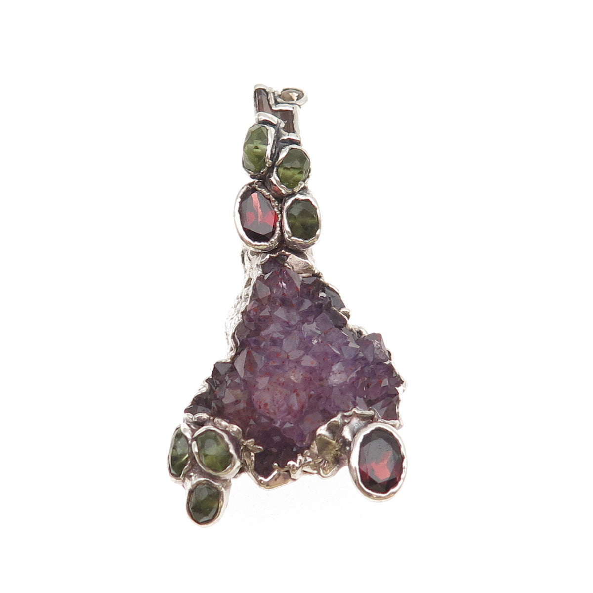 925 Sterling Vintage Real Amethyst Tourmaline Garnet & Peridot Modernist Pendant