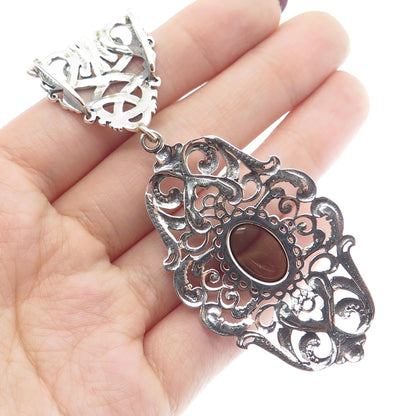 925 Sterling Silver Vintage Real Smoky Quartz Boho Ornate Pendant