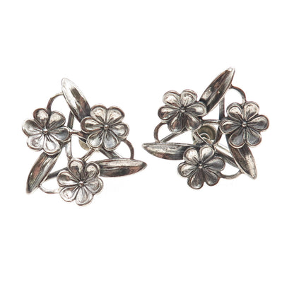 BEAU 925 Sterling Silver Antique Art Deco Flower Oxidized Screw Back Earrings