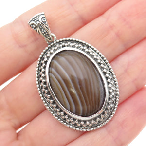 BERIA 925 Sterling Silver Vintage Real Agate Granulated Oxidized Charm Pendant