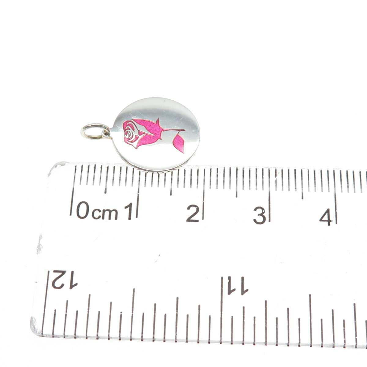 925 Sterling Silver Pink Enamel Belle Rose Round Tag Minimalist Charm Pendant