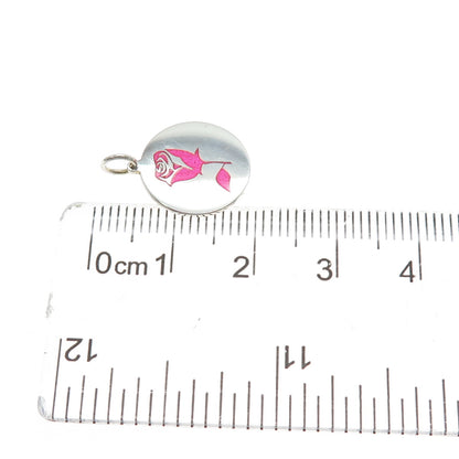 925 Sterling Silver Pink Enamel Belle Rose Round Tag Minimalist Charm Pendant