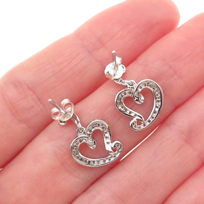 925 Sterling Silver Round-Cut C Z Heart Dangle Earrings
