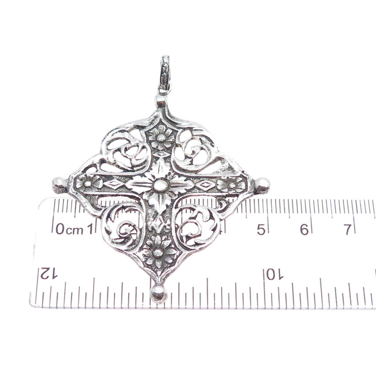 800 Silver Antique Art Deco Italy Flower Cross Religious Oxidized Pendant