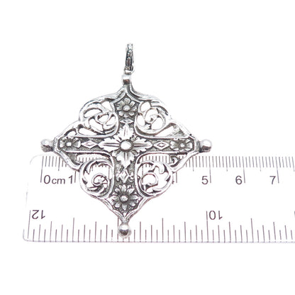 800 Silver Antique Art Deco Italy Flower Cross Religious Oxidized Pendant