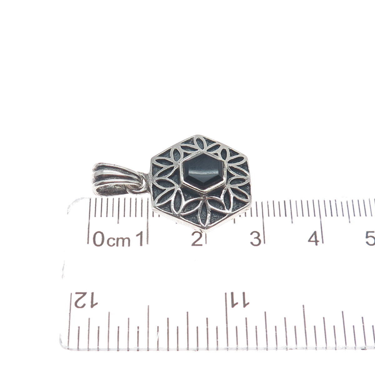 925 Sterling Silver Vintage Real Black Onyx Flower Hexagon Mini Charm Pendant
