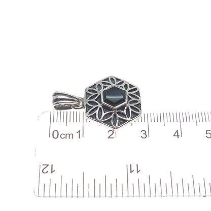 925 Sterling Silver Vintage Real Black Onyx Flower Hexagon Mini Charm Pendant