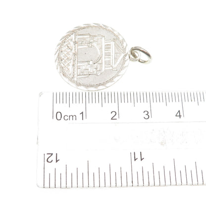925 Sterling Silver Antique Art Deco Engraved Parthenon Token Charm Pendant