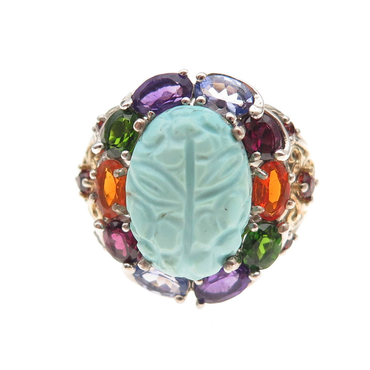 Chuck Clemency 925 Sterling Silver Real Multi-Color Gem Floral Ring Size 8.25