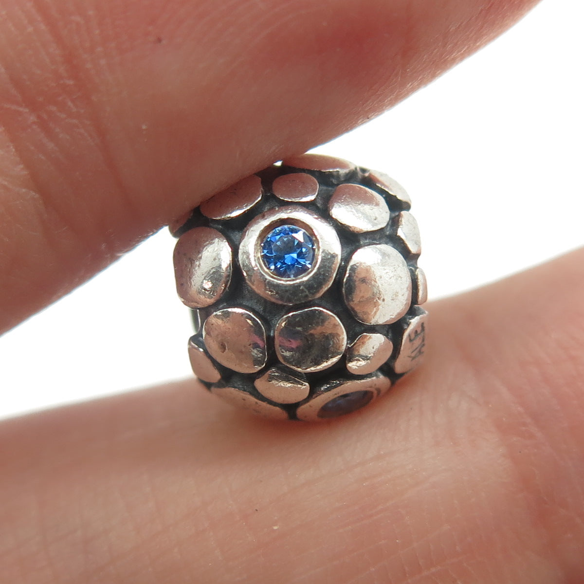 PANDORA 925 Sterling Silver Round-Cut Blue C Z Bubble Bead Charm