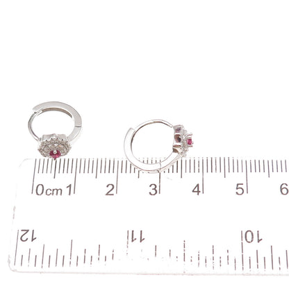 925 Sterling Silver Round-Cut Pink & White C Z Floral Hoop Earrings