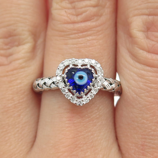 925 Sterling Silver Diamond Glass Evil Eye Heart Woven Adjustable Ring Size 5.5