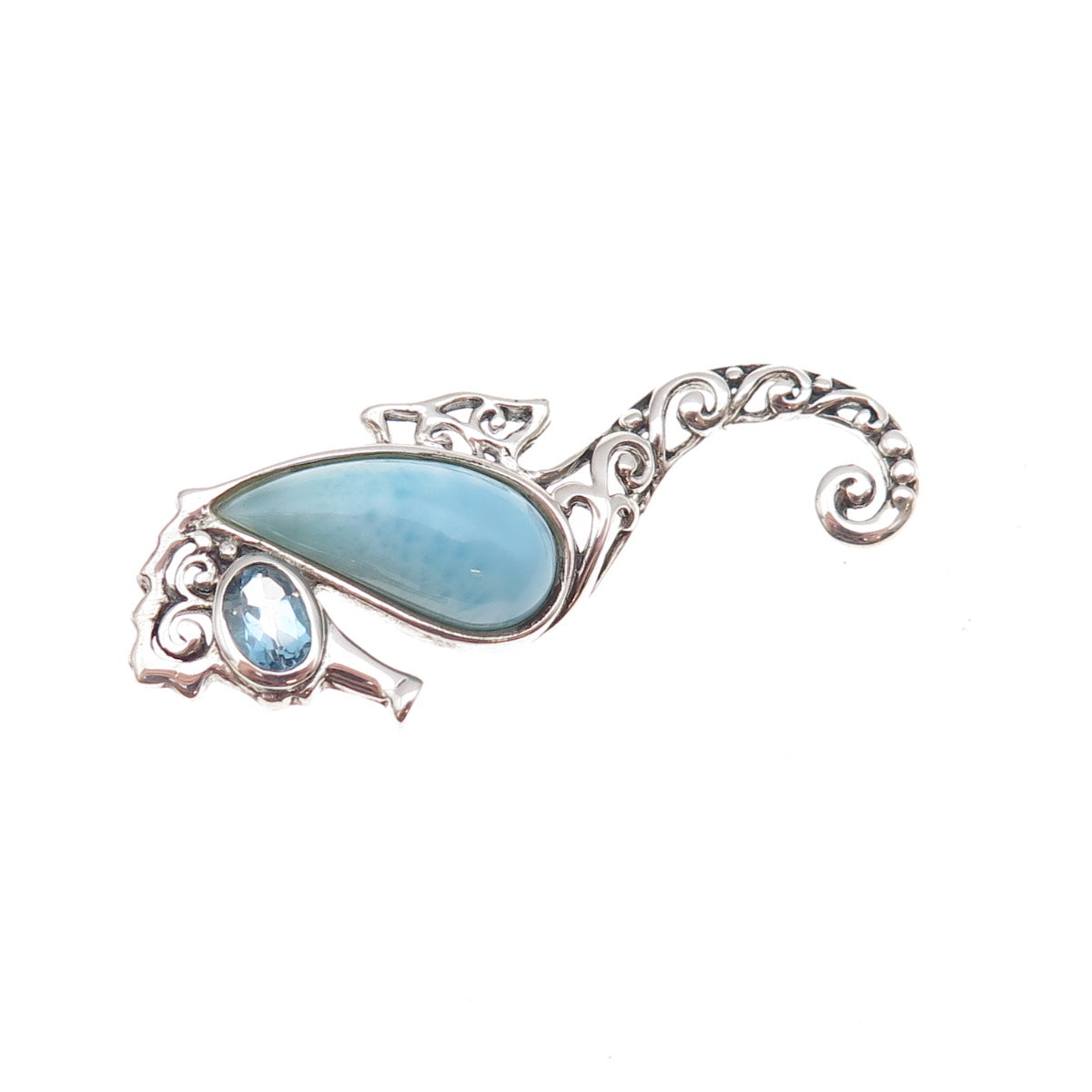 Collins Sterling Silver Vintage Real Blue Topaz & Larimar Seahorse Slide Pendant