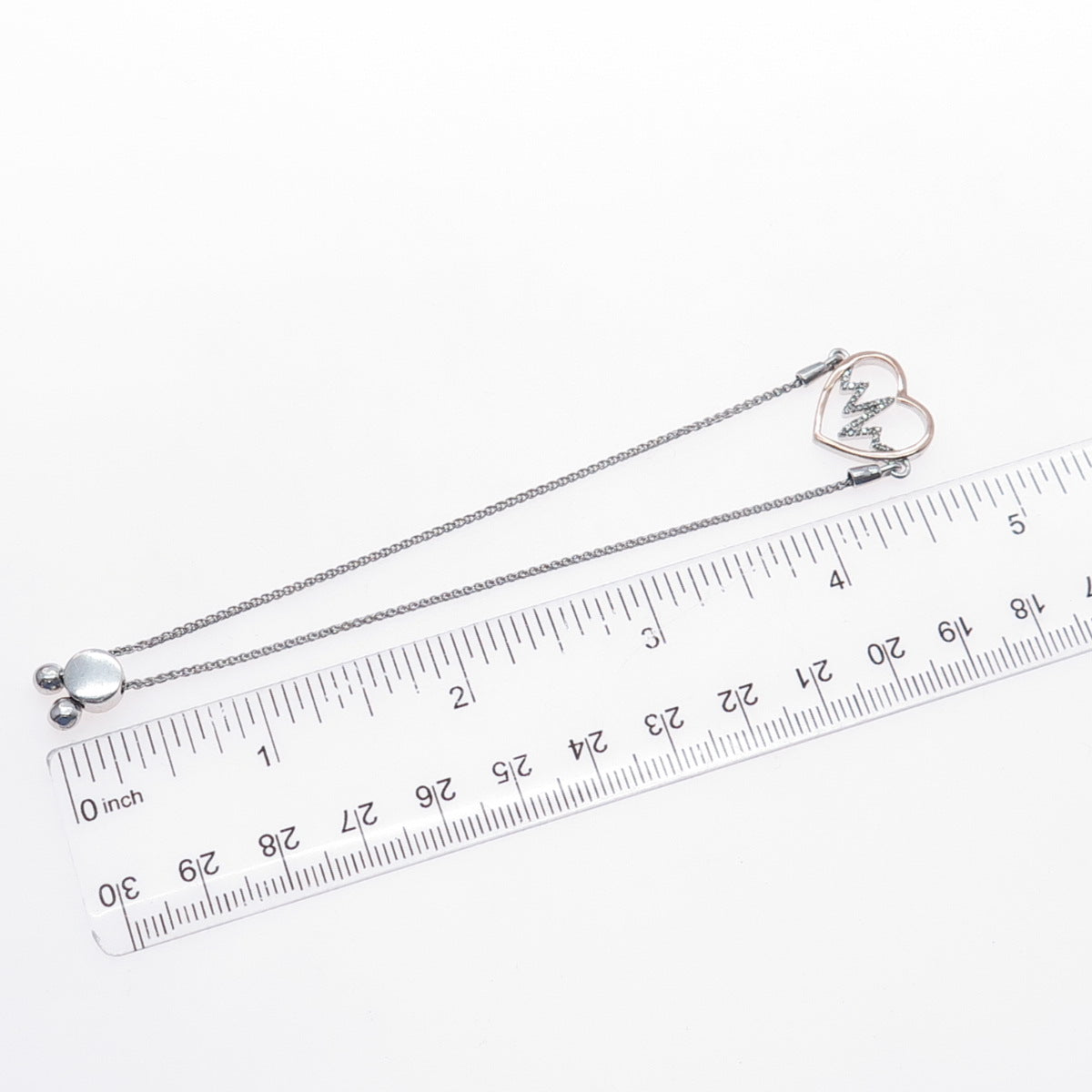 925 Sterling Silver 10K Gold Real Diamond Heartbeat Adjustable Bracelet 6-8.75"