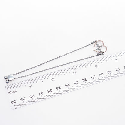 925 Sterling Silver 10K Gold Real Diamond Heartbeat Adjustable Bracelet 6-8.75"