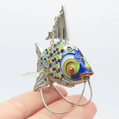 925 Sterling Silver Antique Enamel Chinese Koi Fish Articulated Chatelaine Fob