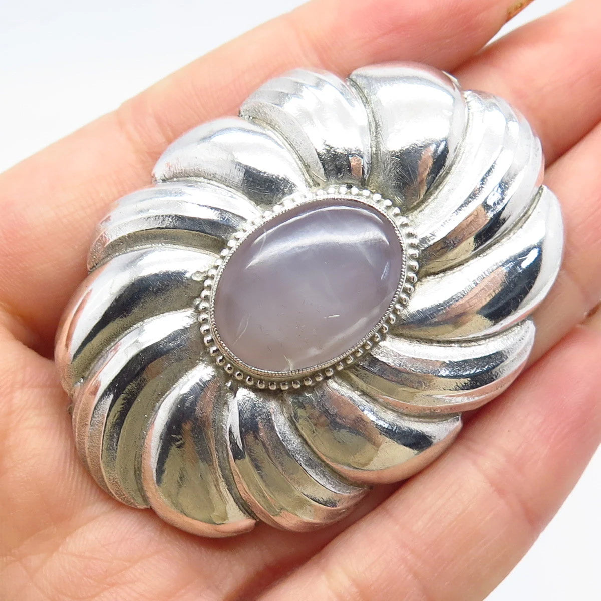 925 Sterling Silver Vintage Real Quartz Ribbed Pin Brooch