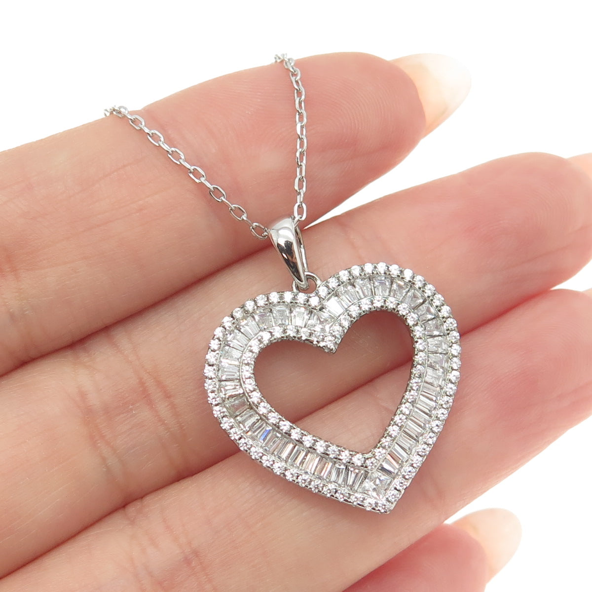 925 Sterling Silver Round & Tapered Baguette-Cut C Z Heart Chain Necklace 16-18"