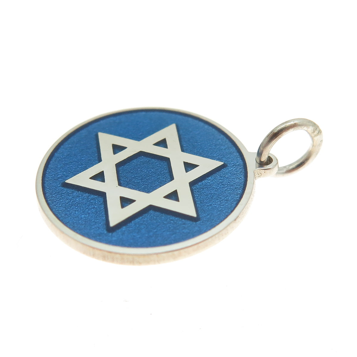 925 Sterling Silver Blue Enamel Star of David Round Tag Minimalist Charm Pendant