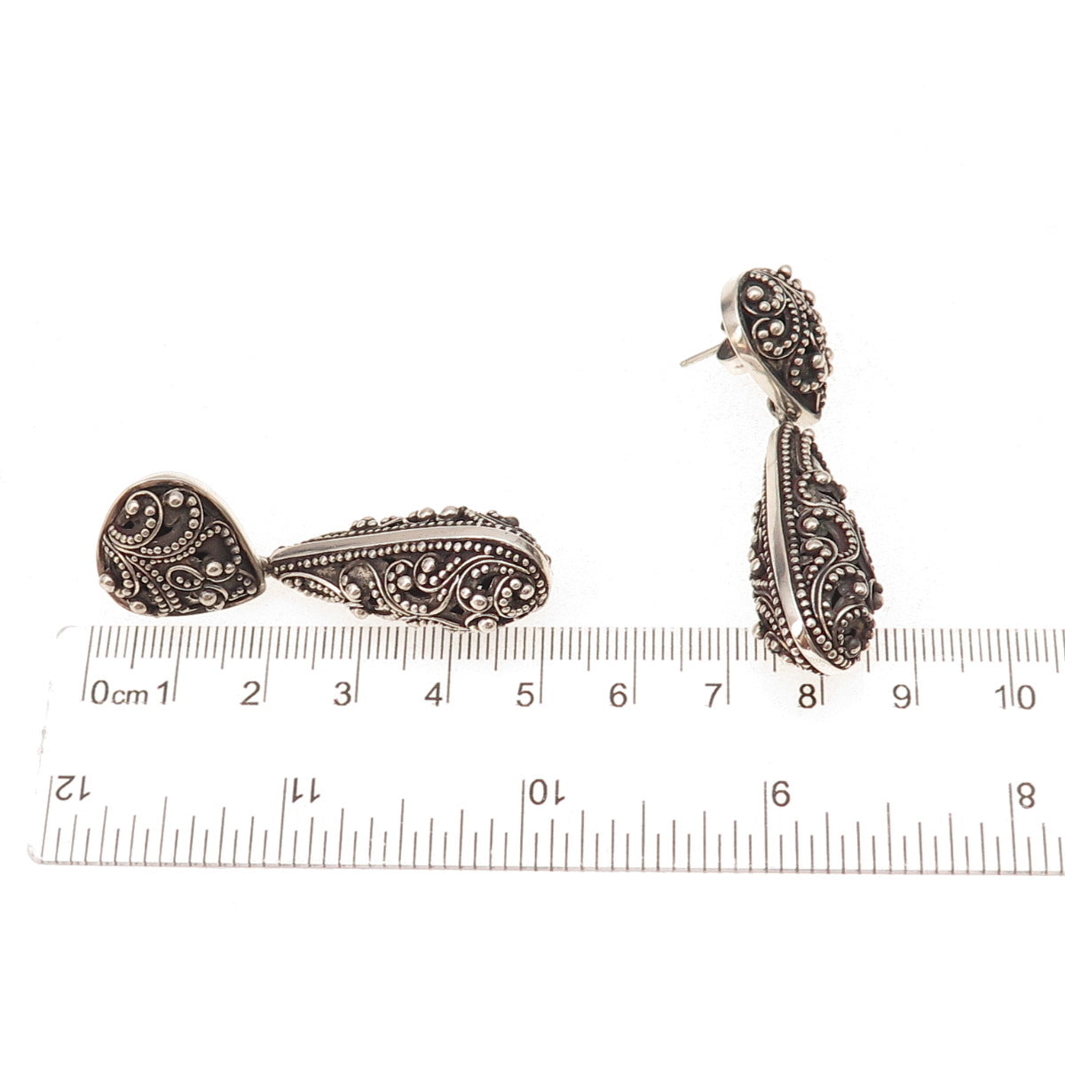 Lois Hill 925 Sterling Silver Vintage Granulated Scroll Teardrop Dangle Earrings