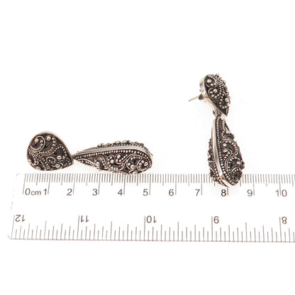 Lois Hill 925 Sterling Silver Vintage Granulated Scroll Teardrop Dangle Earrings
