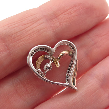 925 Sterling 10K Rose Gold Real Diamond Double Heart Mini Slide Charm Pendant