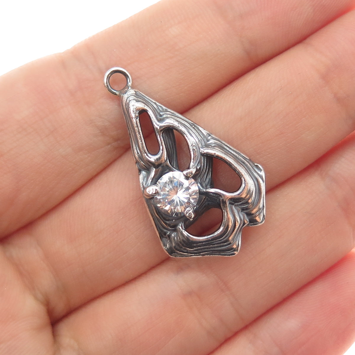 925 Sterling Silver Vintage Round-Cut C Z Modernist Oxidized Charm Pendant