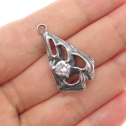925 Sterling Silver Vintage Round-Cut C Z Modernist Oxidized Charm Pendant