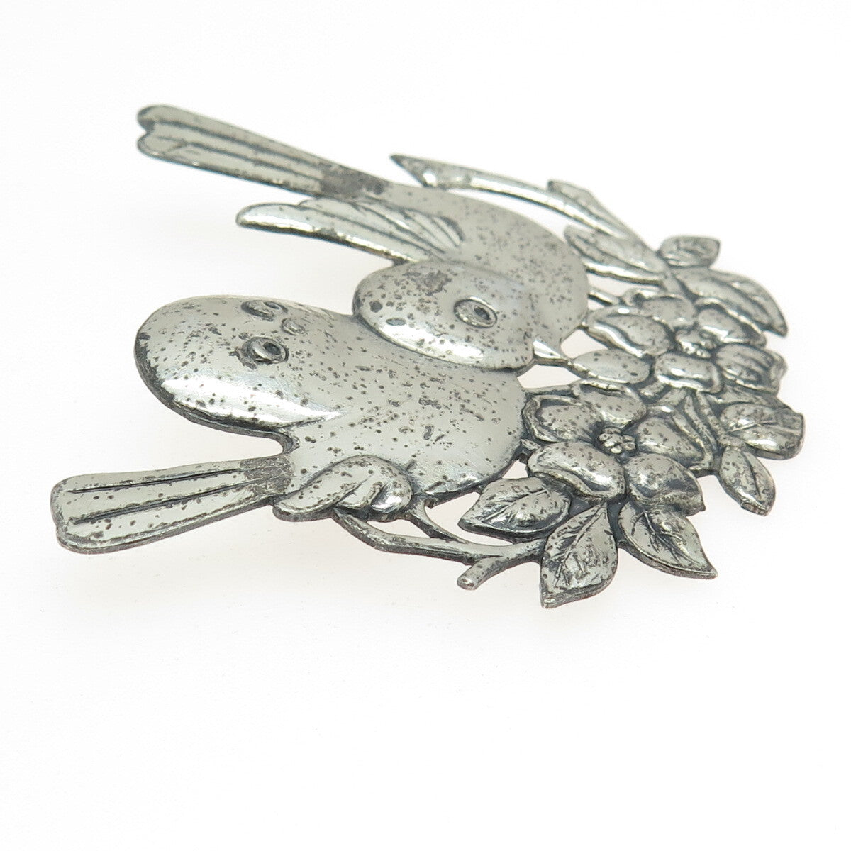 925 Sterling Silver Vintage Bird Couple Floral Blossom Pin Brooch