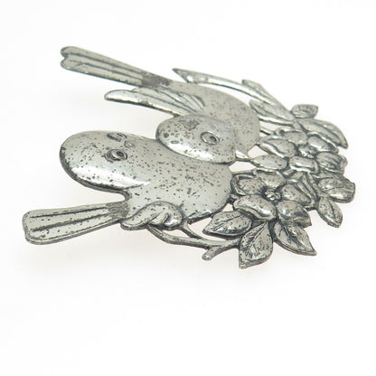 925 Sterling Silver Vintage Bird Couple Floral Blossom Pin Brooch