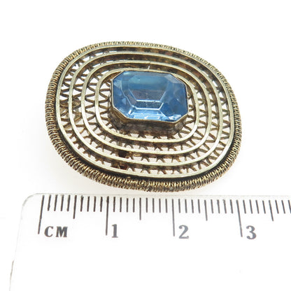 925 Sterling Silver Vintage Israel Handmade Blue Glass Ornate Pendant / Brooch