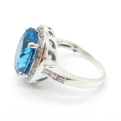 925 Sterling Silver Real Round-Cut Diamond & Swiss Blue Topaz Ring Size 7.25