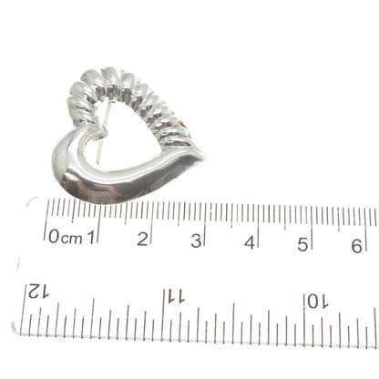 925 Sterling Silver Vintage Modernist Ribbed Heart Pin Brooch