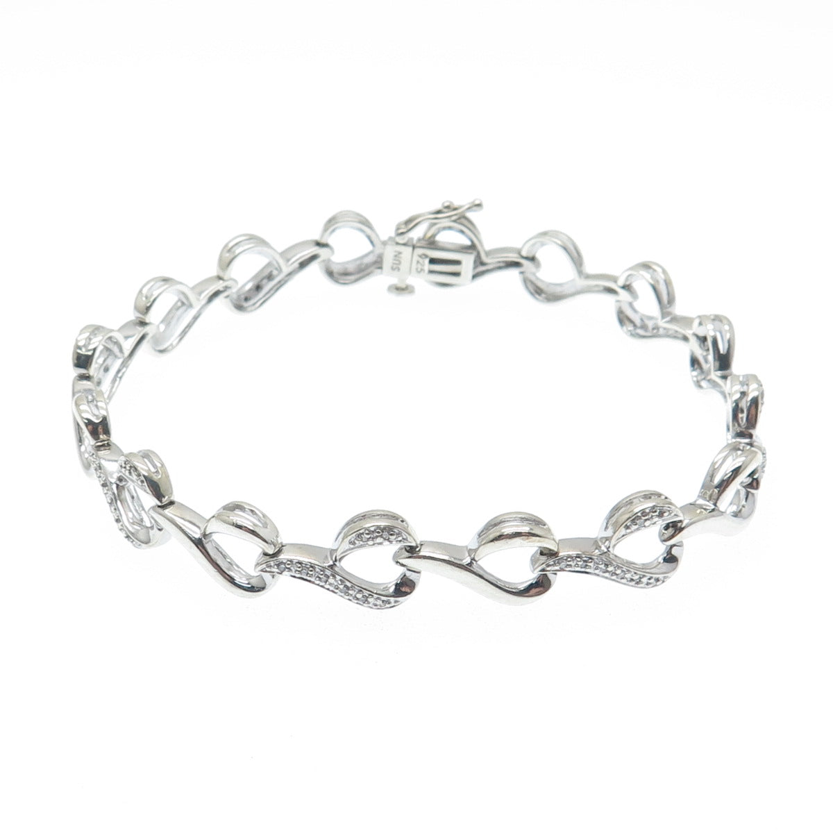 SUN 925 Sterling Silver Real Round-Cut Diamond Heart Link Bracelet 7"
